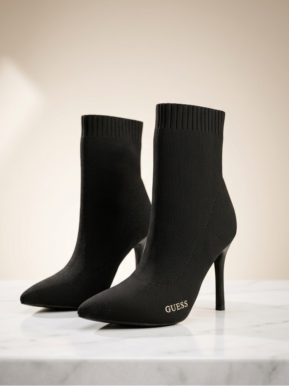 GUESS Black Knit Sock Pointed-Toe Stiletto Ankle Boots, New/Never Used